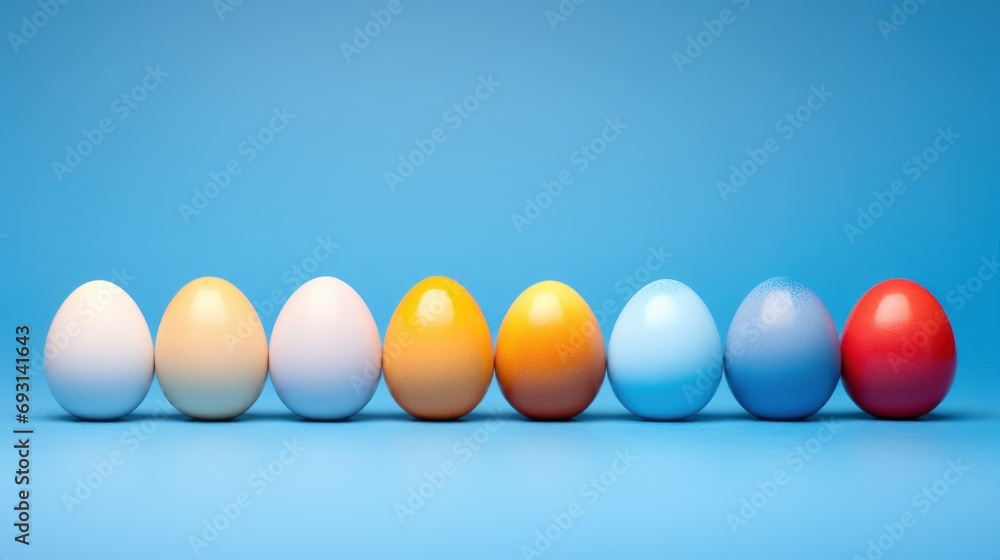 Aufkleber a row of colored eggs sitting in front of each other on a blue background with a blue background beh