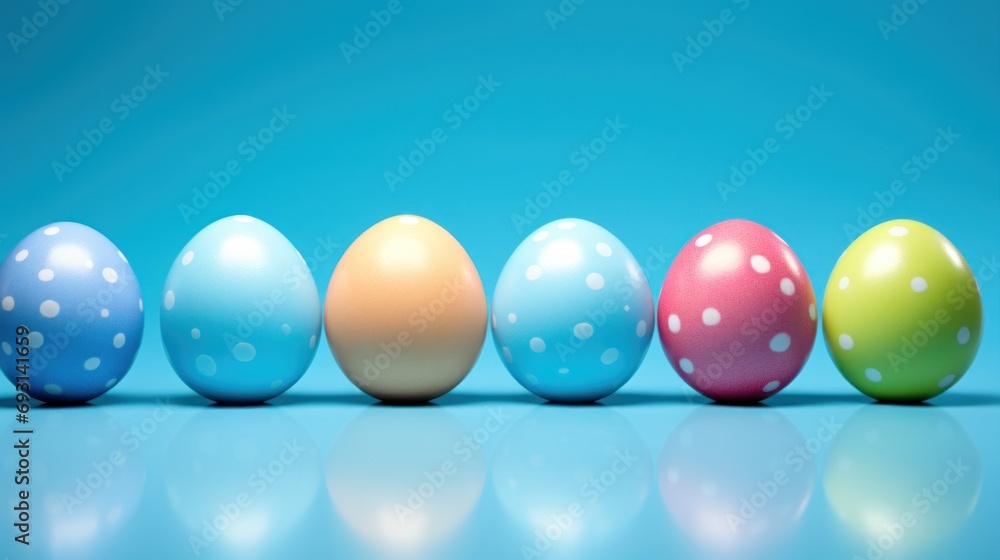 Poster a row of colorful easter eggs sitting in a row on top of a light blue surface with white dots on the