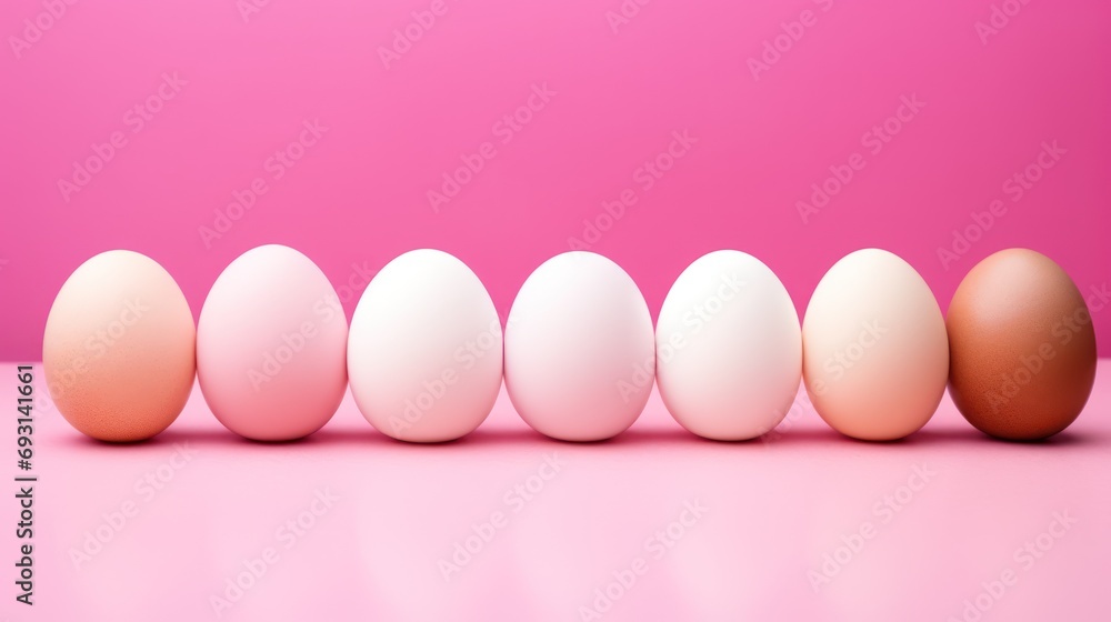 Poster a row of eggs sitting next to each other on a pink surface with one egg in the middle of the row and
