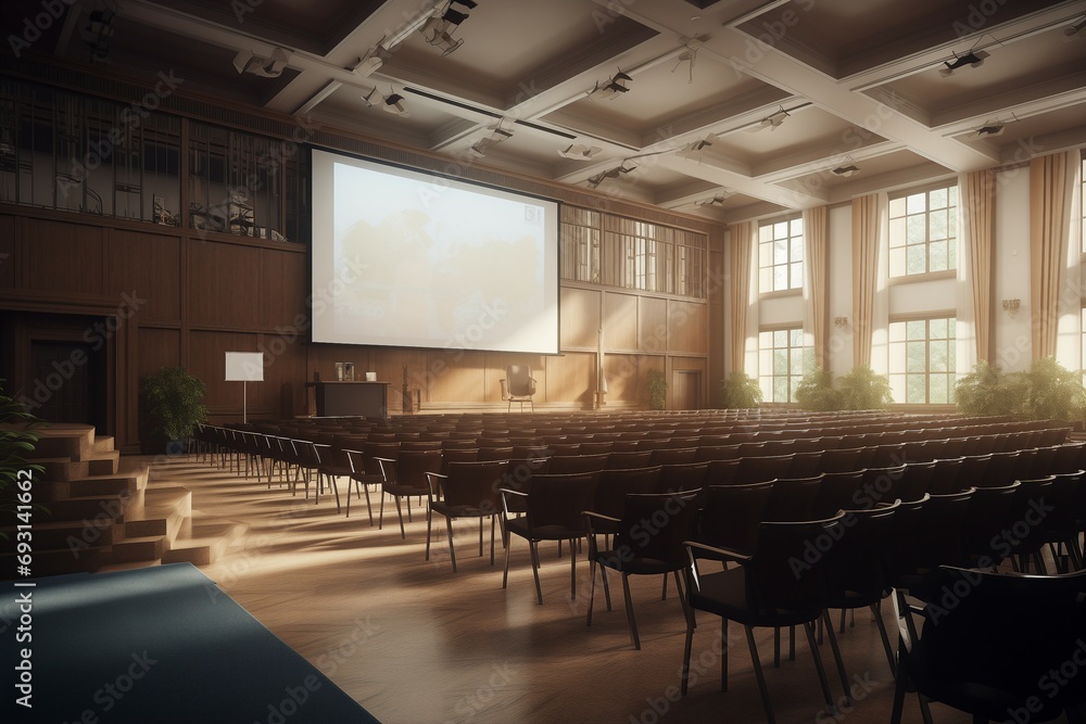 Poster a large room with rows of chairs and a projector screen