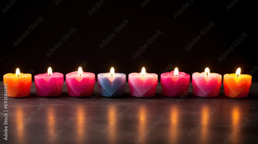 Poster a row of multicolored candles sitting next to each other on top of a wooden table in front of a blac