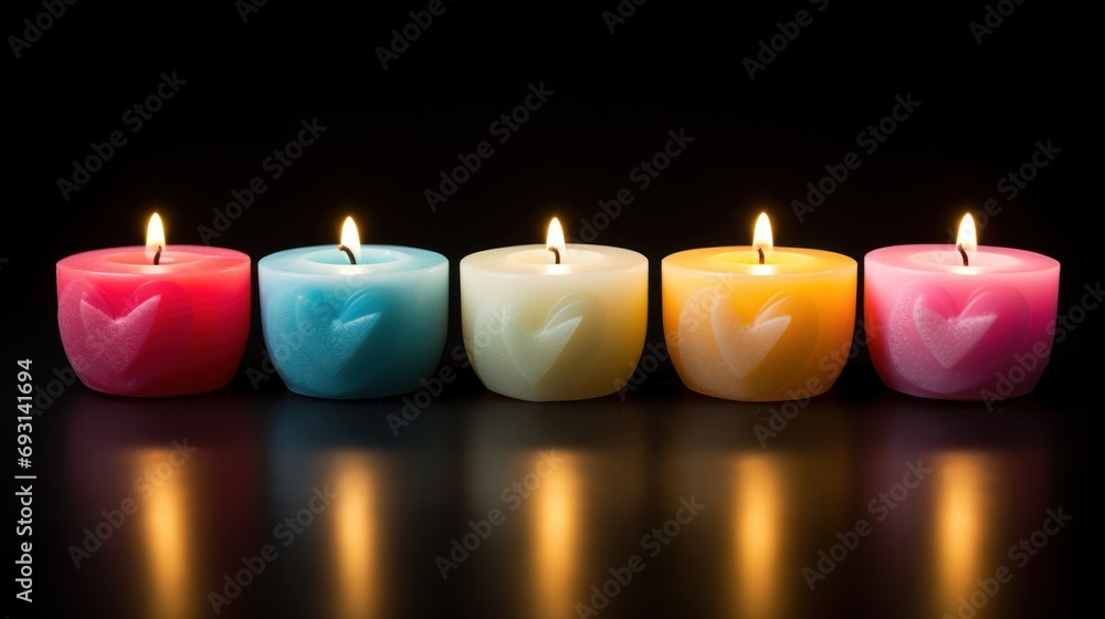 Poster a row of multicolored candles sitting next to each other on top of a black surface with a reflection