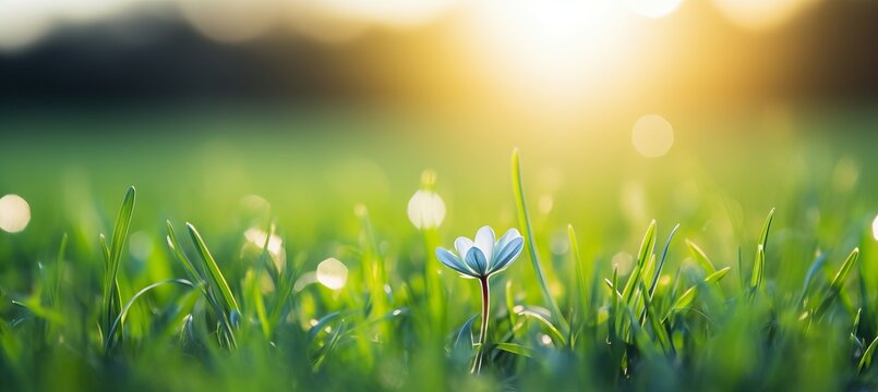 blooming young tree in lush green meadow during a bright spring easter sunrise with copy space