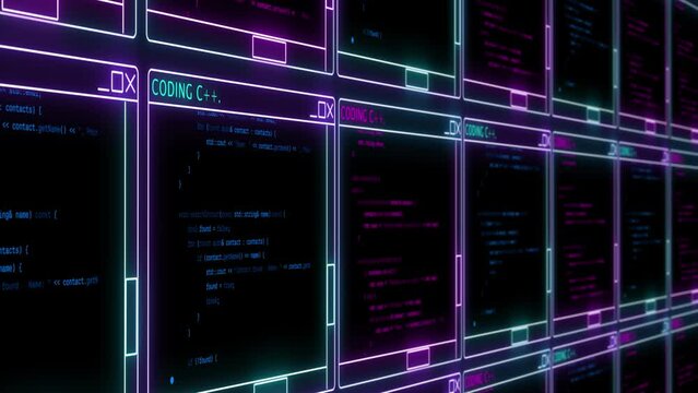 animation of wall with many programming windows in retro style cyber punk graphic video effect. Digital applications writing software code. Neon glowing lines
