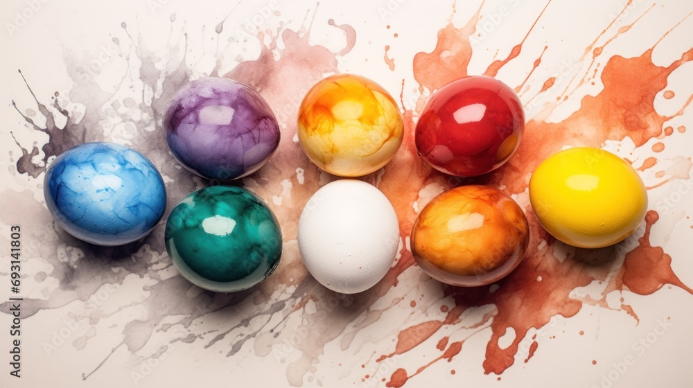 Poster a bunch of different colored eggs sitting in a row on a white surface with a splash of paint on the 