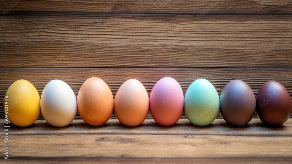 Poster a row of colored eggs sitting in a row on top of a wooden table in front of a wood paneled wall with