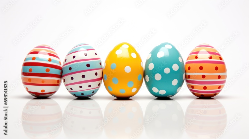 Poster a row of painted eggs sitting on top of a white surface with a reflection on the top of the eggs and
