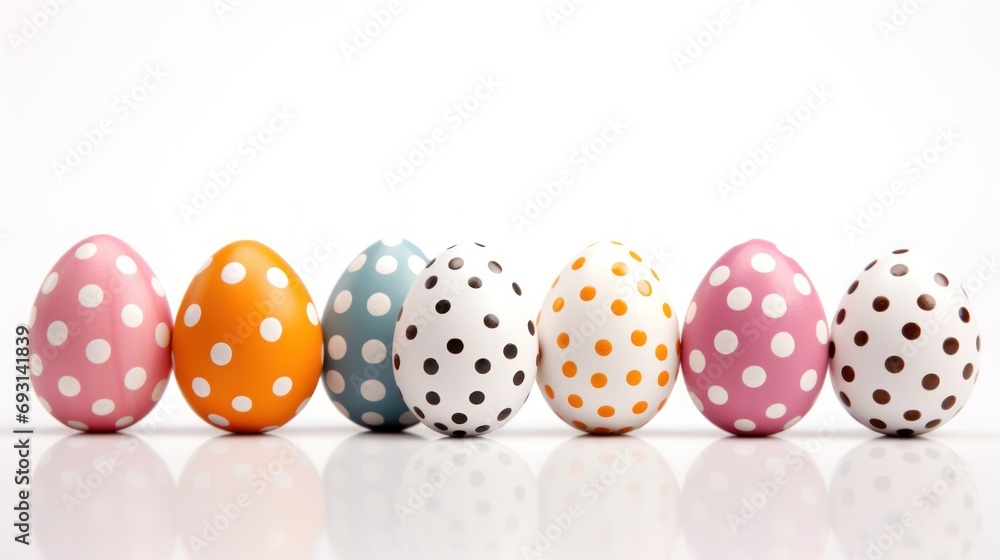 Poster  a row of colorful polka dot eggs on a white surface with one egg in the middle of the row and one in the middle of the row of the row.