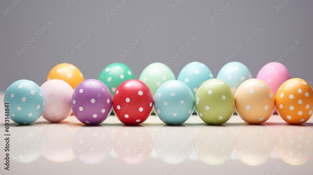 Poster a row of multicolored eggs with polka dots in a row on a reflective surface, with a gray background,