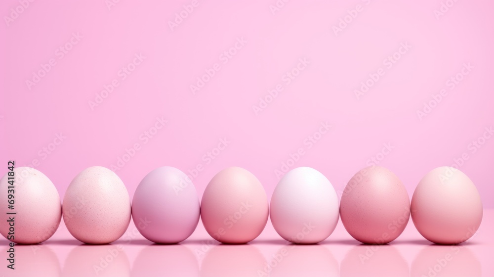 Poster six eggs lined up in a row on a pink background with one egg in the middle of the row and one in the