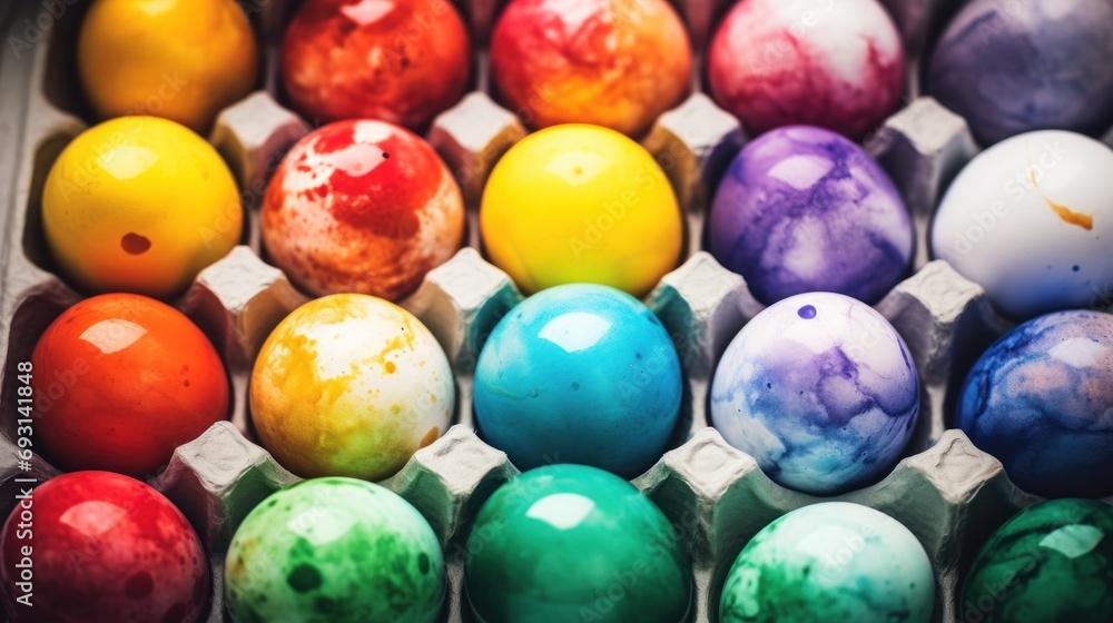 Aufkleber a close up of a box of eggs with different colors of eggs inside of each egg, with one egg in the mi