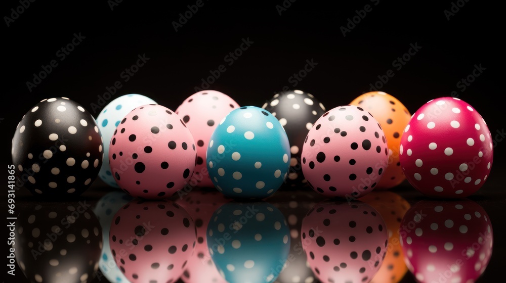 Poster a row of painted eggs sitting next to each other on a black surface with a reflection of the eggs in