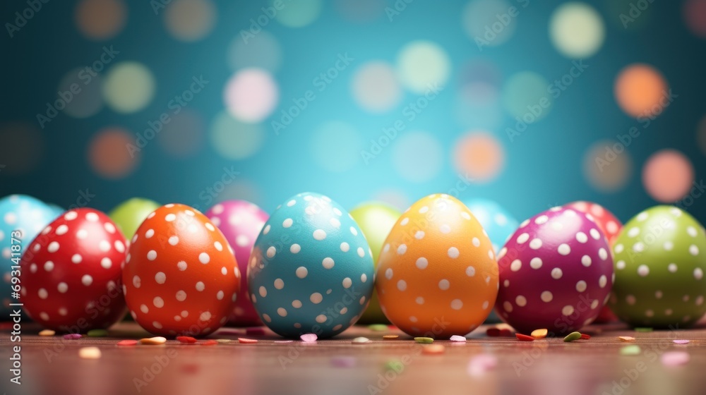 Poster a row of brightly colored easter eggs sitting on top of a table with confetti sprinkles on the floor