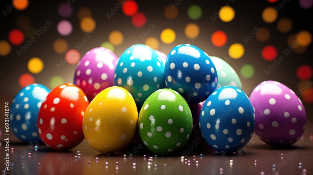 Poster a group of multicolored eggs sitting on top of a wooden table next to a black background with multi 