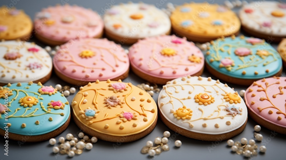 Poster a group of decorated cookies sitting on top of a table next to a pile of white and pink frosted cook