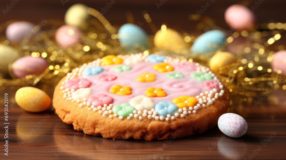 Poster a decorated cookie sitting on top of a wooden table next to a pile of eggs and confetti on a table n