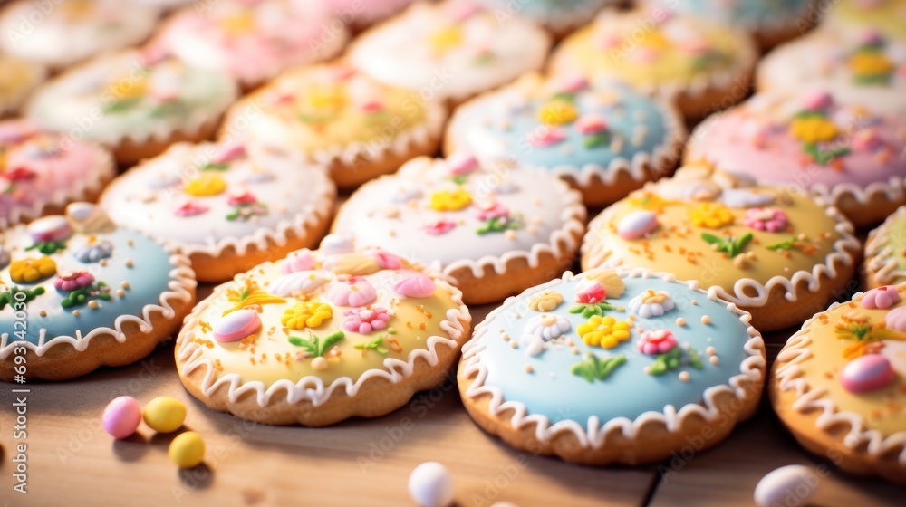 Aufkleber a close up of many decorated cookies on a table with confetti sprinkles on the top of the cookies an
