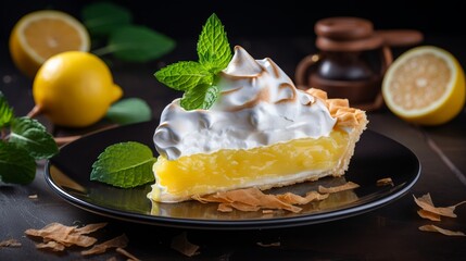 Delicious lemon meringue pie with fresh lemons and fluffy meringue topping for breakfast or dessert - obrazy, fototapety, plakaty