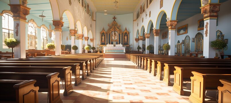 Easter sunday church interior with warm, tranquil light through stained glass windows