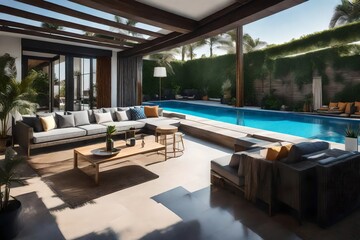 living area with view of swimming pool terrace.