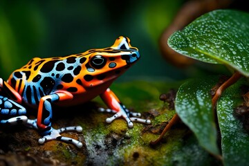Fototapeta premium The vibrant and intricate patterns of a poison dart frog, showcasing its vivid colors and delicate markings in a tropical rainforest setting.