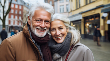 Senior couple smiling for the camera, advertisement, commercial template, love, relationship, friends