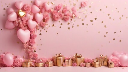 Background template with gold balloons in heart shape with pink flowers and garlands, gift boxes on pink background for celebration: Valentine’s Day.