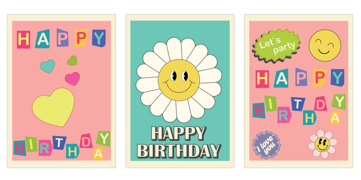 Happy Birthday retro trendy greeting card set. Y2K poster, card, banner.  Vintage typographic design for birthday celebration emblem in retro style 