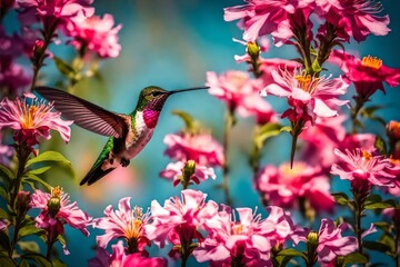 A breathtaking scene capturing the beauty of a colorful hummingbird delicately hovering near a bunch of pink flowers. 