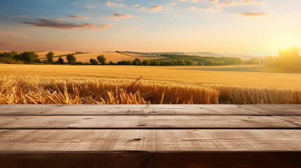 Empty old wooden table with beautiful summer sunrise over fields with hay bales background,  Template, Mock up 