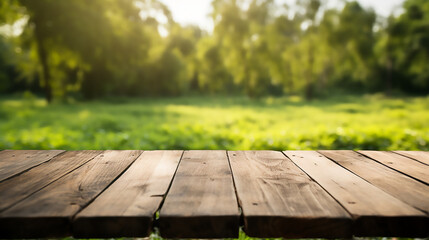 Empty old wooden table with green nature background, Template, Mock up 