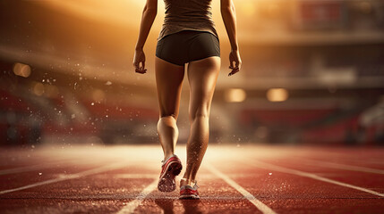 Rear view of a female athlete runner moving along a stadium running track at sunrise or sunset. - obrazy, fototapety, plakaty