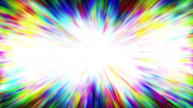 Bright rainbow abstract background with multicolored rays radiating in different directions from the center . Background animation for vertical and horizontal use with white light in the middle.