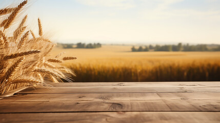 Empty old wooden table with wheat field background, Template, Mock Up