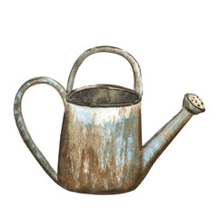 Old vintage garden watering can watercolor illustration.