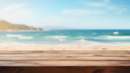 Empty old wooden table with defocused summer beach background, Template, Mock up 