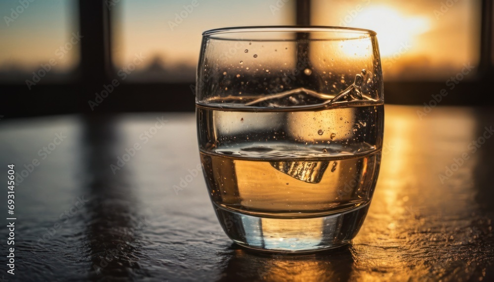 Poster a glass of water on a table in front of a window with the sun shining through the window panes.