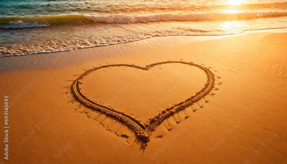Poster a heart drawn in the sand on a beach with the sun setting in the background and a wave coming in.