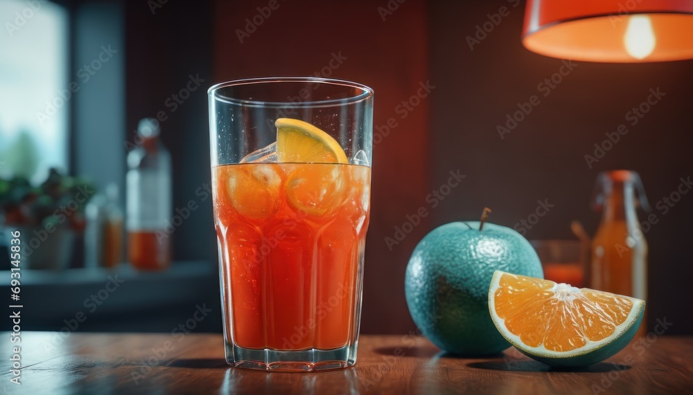 Poster a close up of a drink on a table with an orange and an apple in the background and a bottle of alcoh