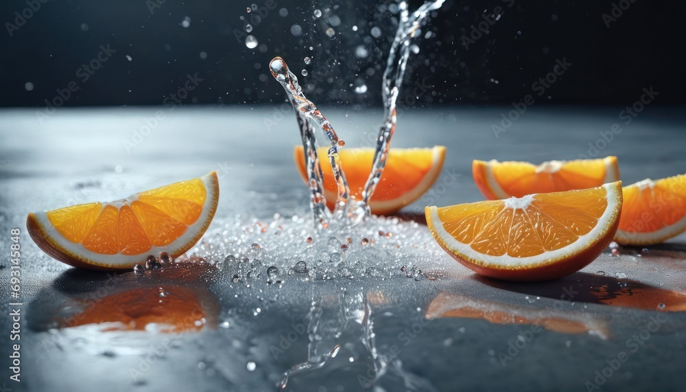 Poster a bunch of oranges that have been cut in half and are being splashed with water from a faucet.