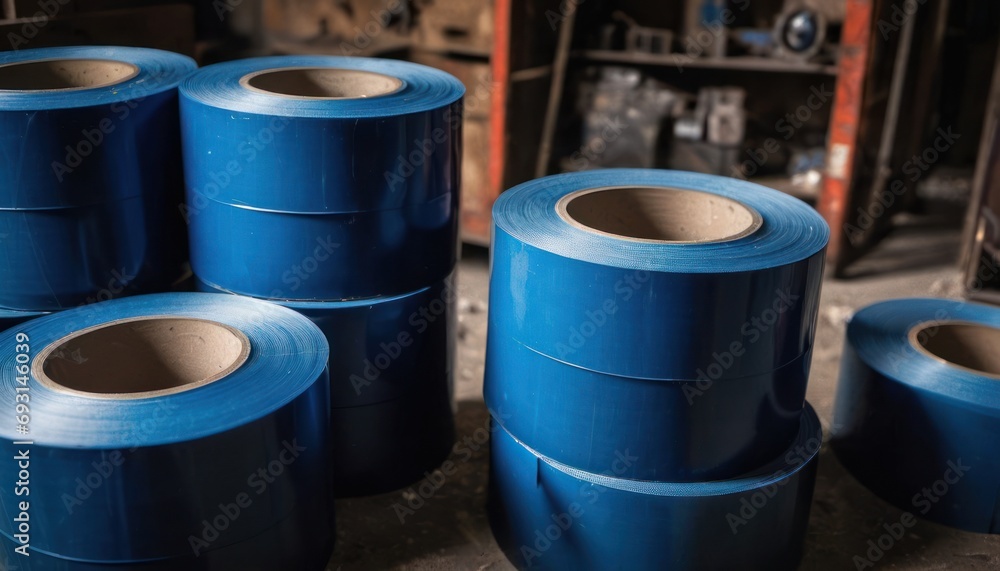Poster a group of blue rolls of shrink-wrap sitting on top of a table in the foreground, with some objects 