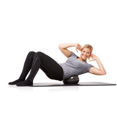 Fototapeta na wymiar Exercise ball, sit up and portrait of woman in workout, training and healthy body isolated on a white studio background mockup space. Core muscle, mat and happy person on bender for fitness pilates