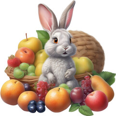 A close-up image of a colorful rabbit and fruits.  - obrazy, fototapety, plakaty