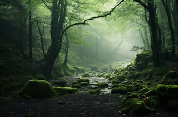 Misty forest with a serene stream