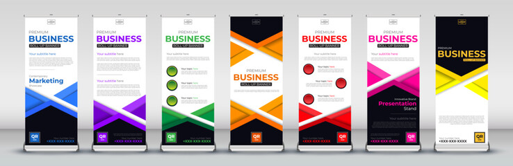 abstract business roll up Banner Signboard Advertising standee Template for X banner and Street Flag of Convenience Layout in red, green, blue, yellow, orange, purple, pink