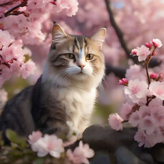 Cat in Pink Flowers, cherry blossom with cat