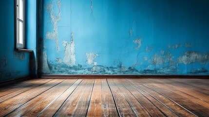 Beautiful entirior background for presentation blue wall and wooden floor