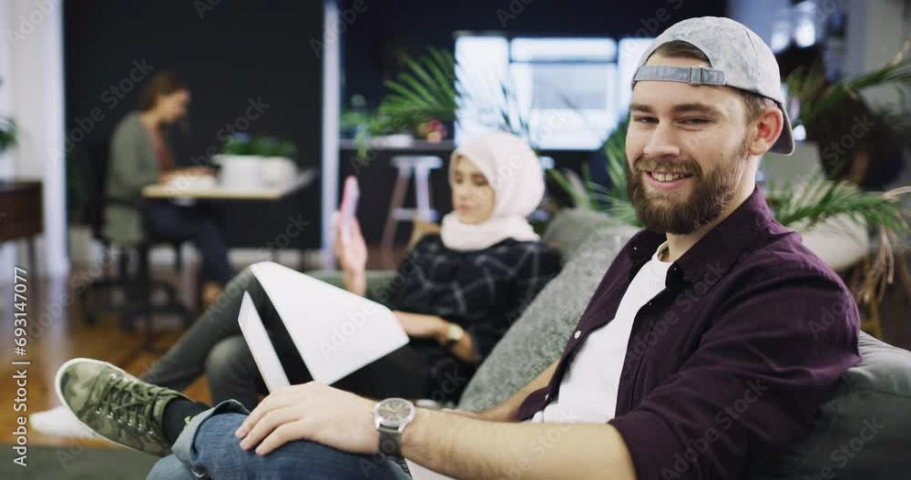 Poster businessman, laptop and smile on face, online research and networking on sofa in workplace. male per