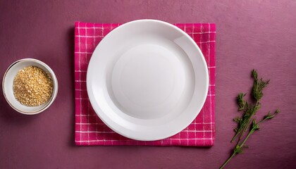 Top view on dark pink background empty round white plate on tablecloth for food 