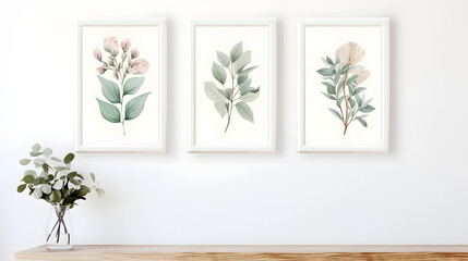 Paintings of eucalyptus and watercolor flowers, wooden table without background, white background.